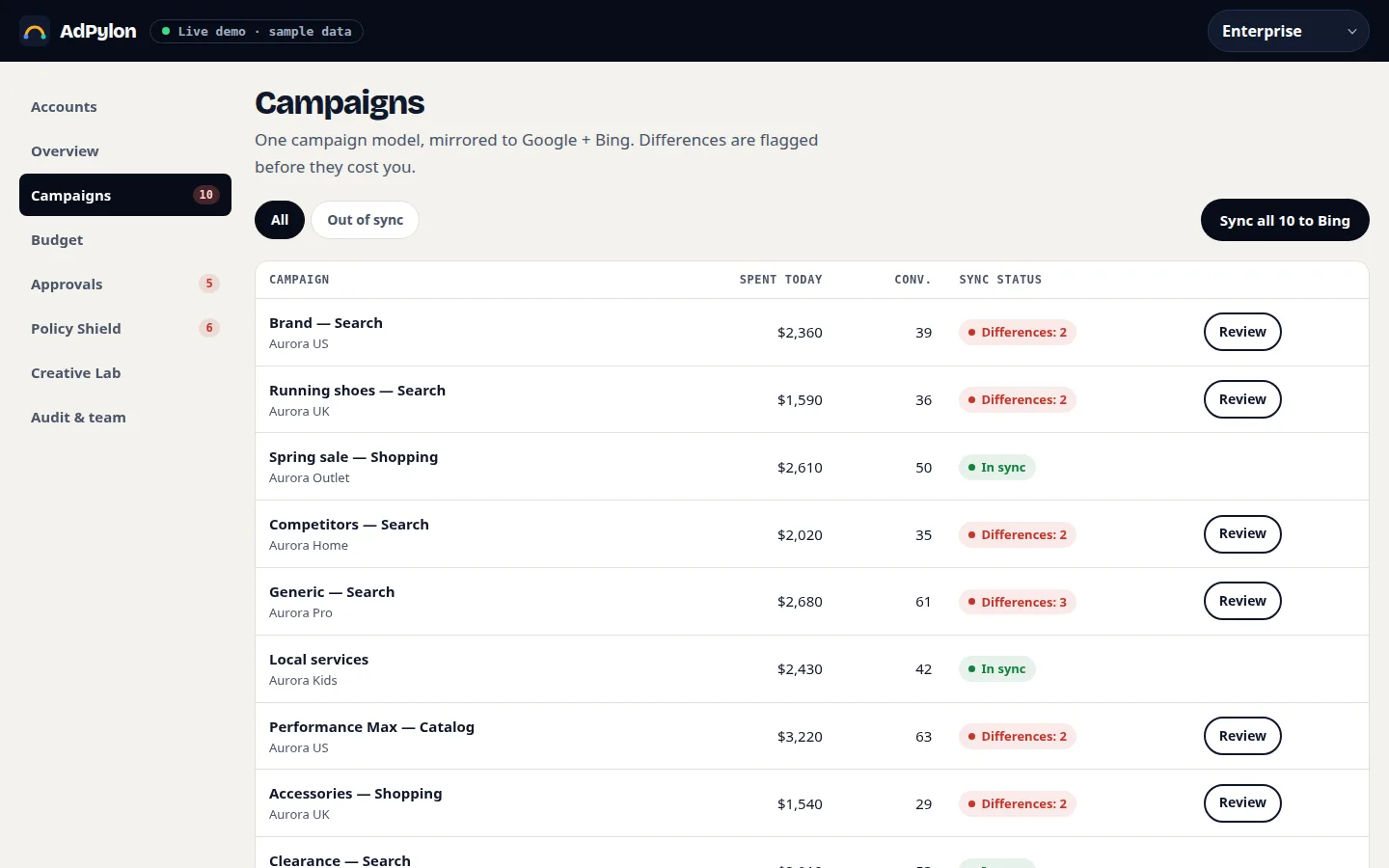 AdPylon campaigns: differences between Google and Bing, ready to sync in one click.